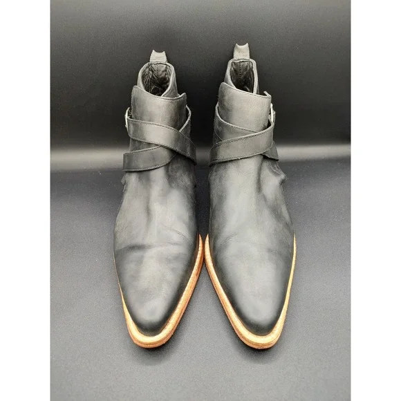 Free People Black Leather Buckle Ankle Boots Womens 39.5 Pointed Toe Block Heel - Picture 4 of 11